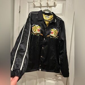 A Bathing Ape BAPE Tiger Embroidered Black Satin Coach Jacket Sz L